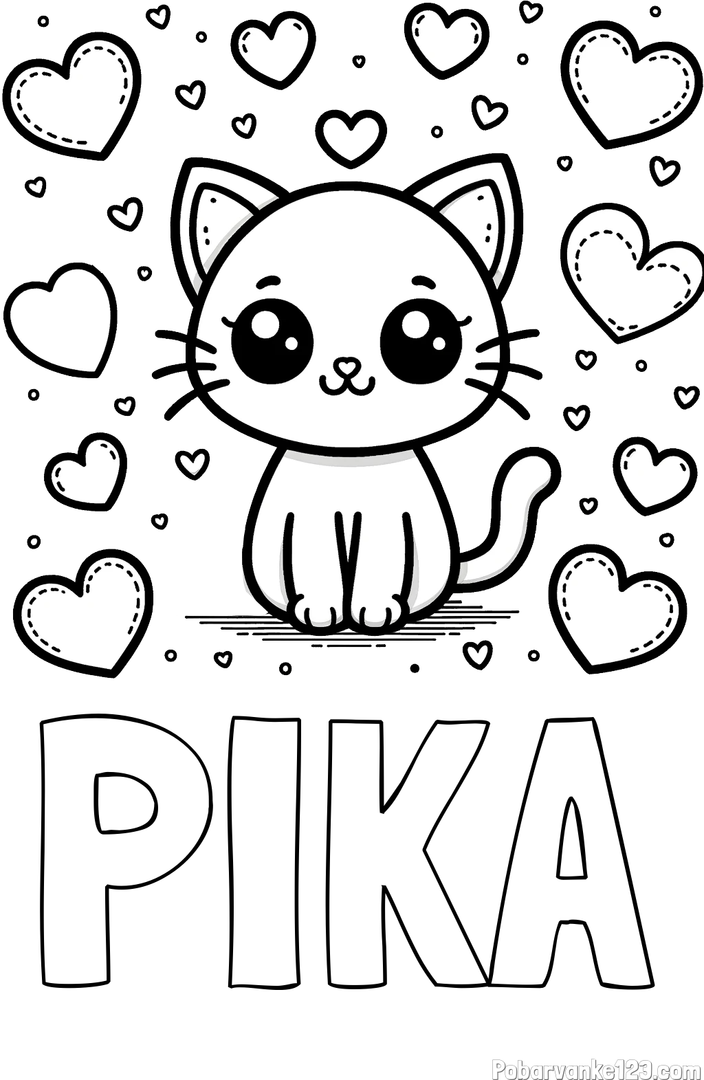 Pobarvanka imena PIKA in pobarvanka ljubke mucke obdane z veliko srčki