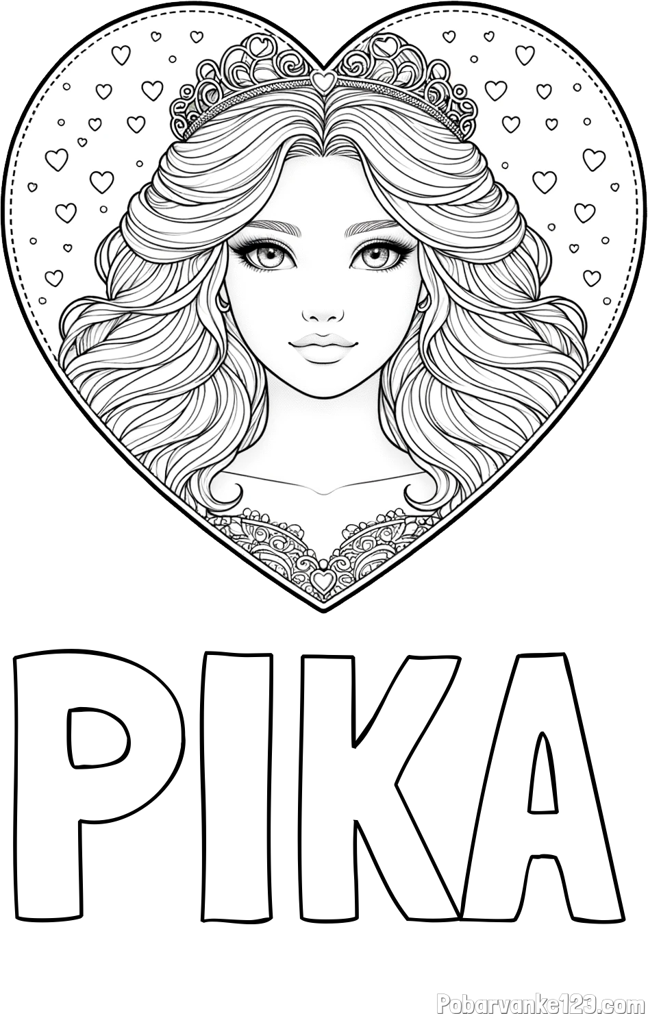 Pobarvanka imena PIKA in pobarvanka ljubke princese v srčku