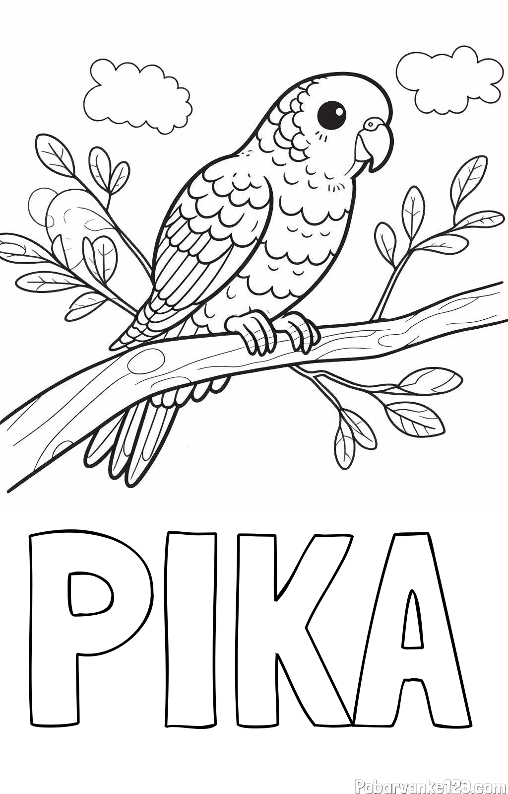 Pobarvanka imena PIKA in pobarvanka ljubkega kanarčka na veji