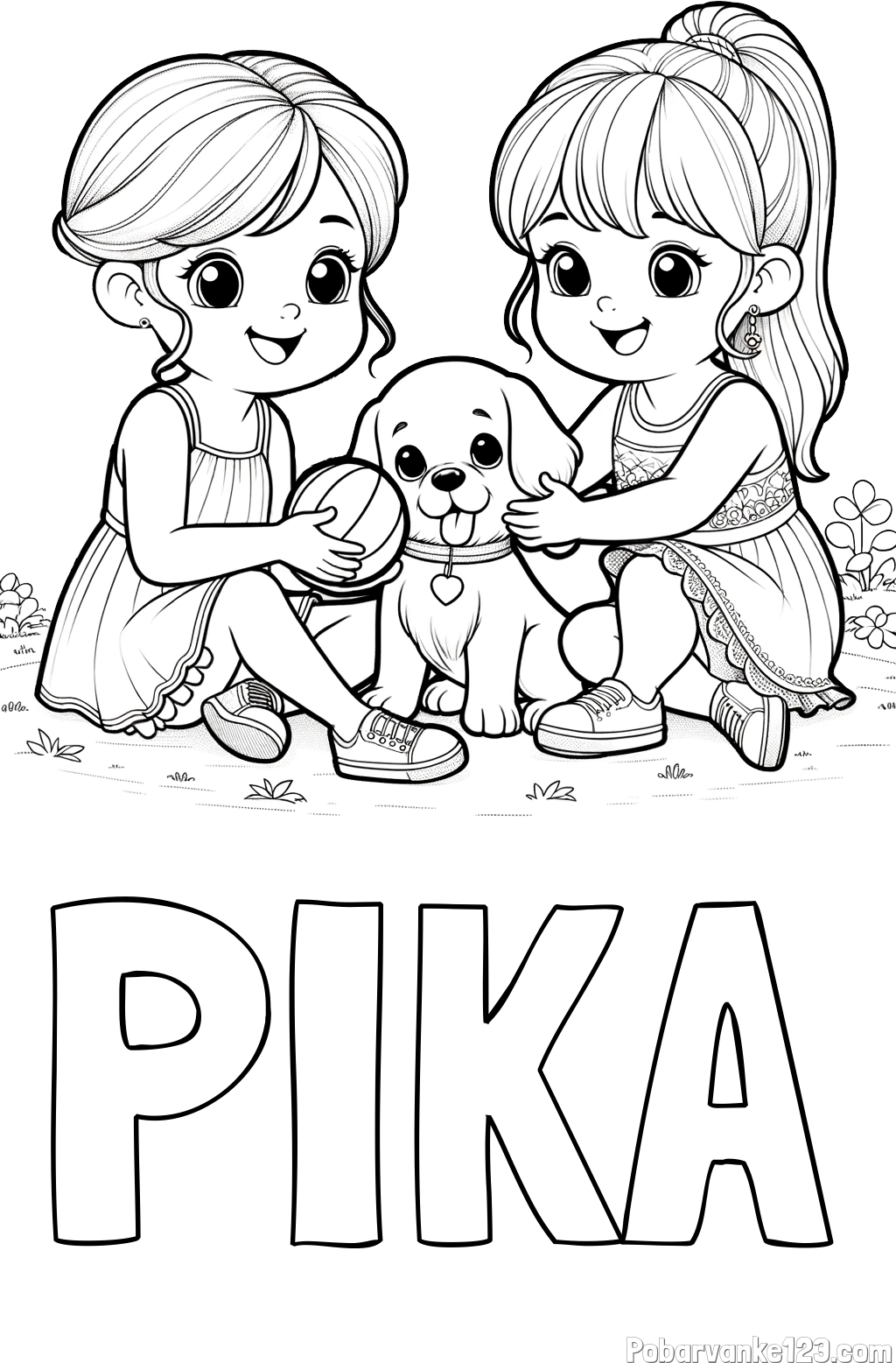 Pobarvanka imena PIKA in pobarvanka prijateljic s kužkom