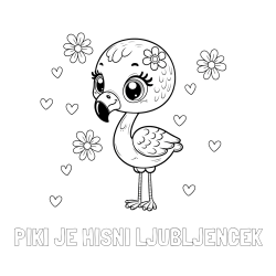 Online izdelana pobarvanka - Pobarvanka imena PIKI JE HIŠNI LJUBLJENČEK in pobarvanka mladička flaminga z rožicami in srčki