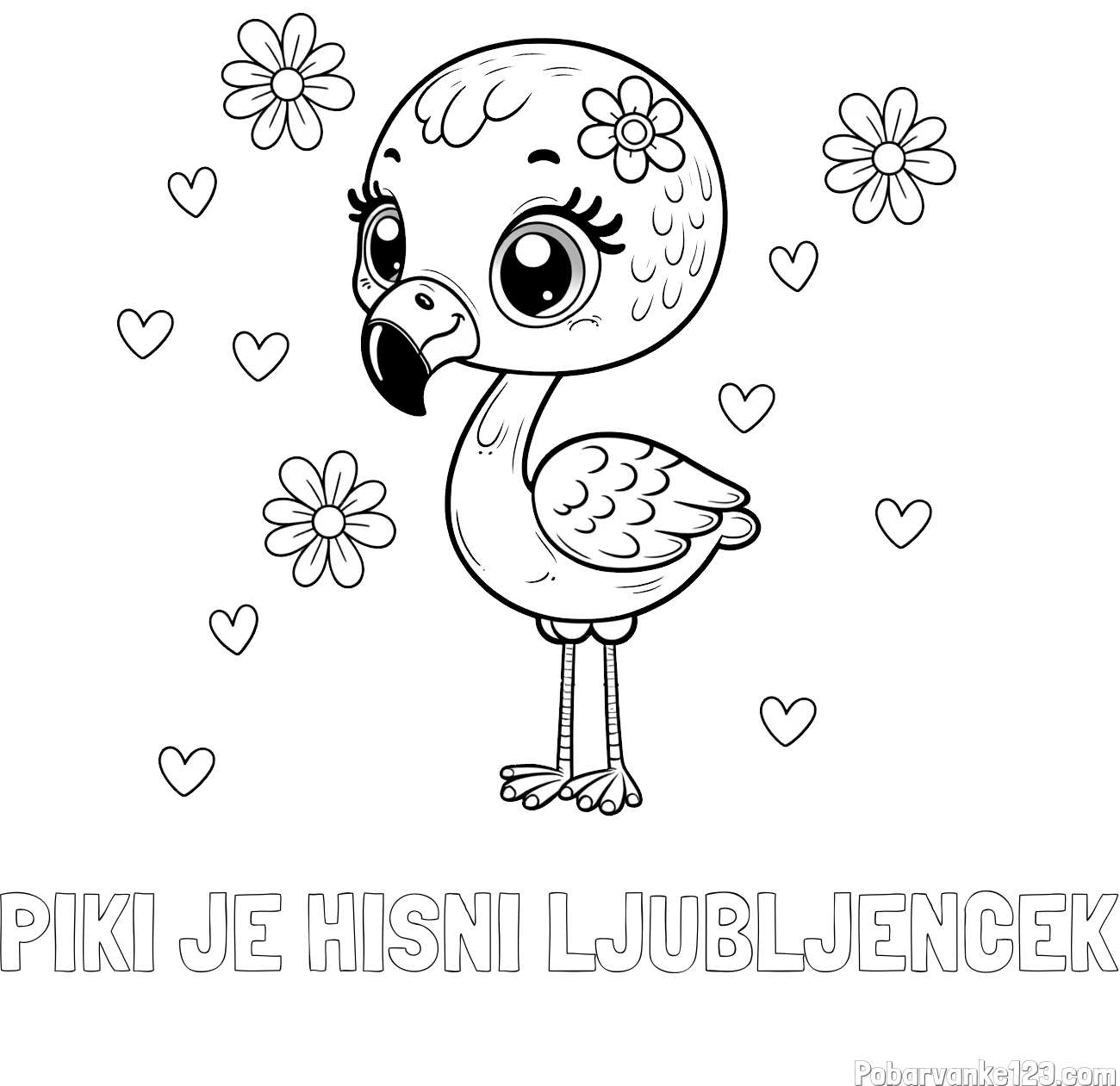 Pobarvanka imena PIKI JE HIŠNI LJUBLJENČEK in pobarvanka mladička flaminga z rožicami in srčki