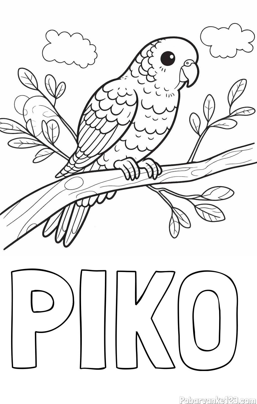 Pobarvanka imena PIKO in pobarvanka ljubkega kanarčka na veji