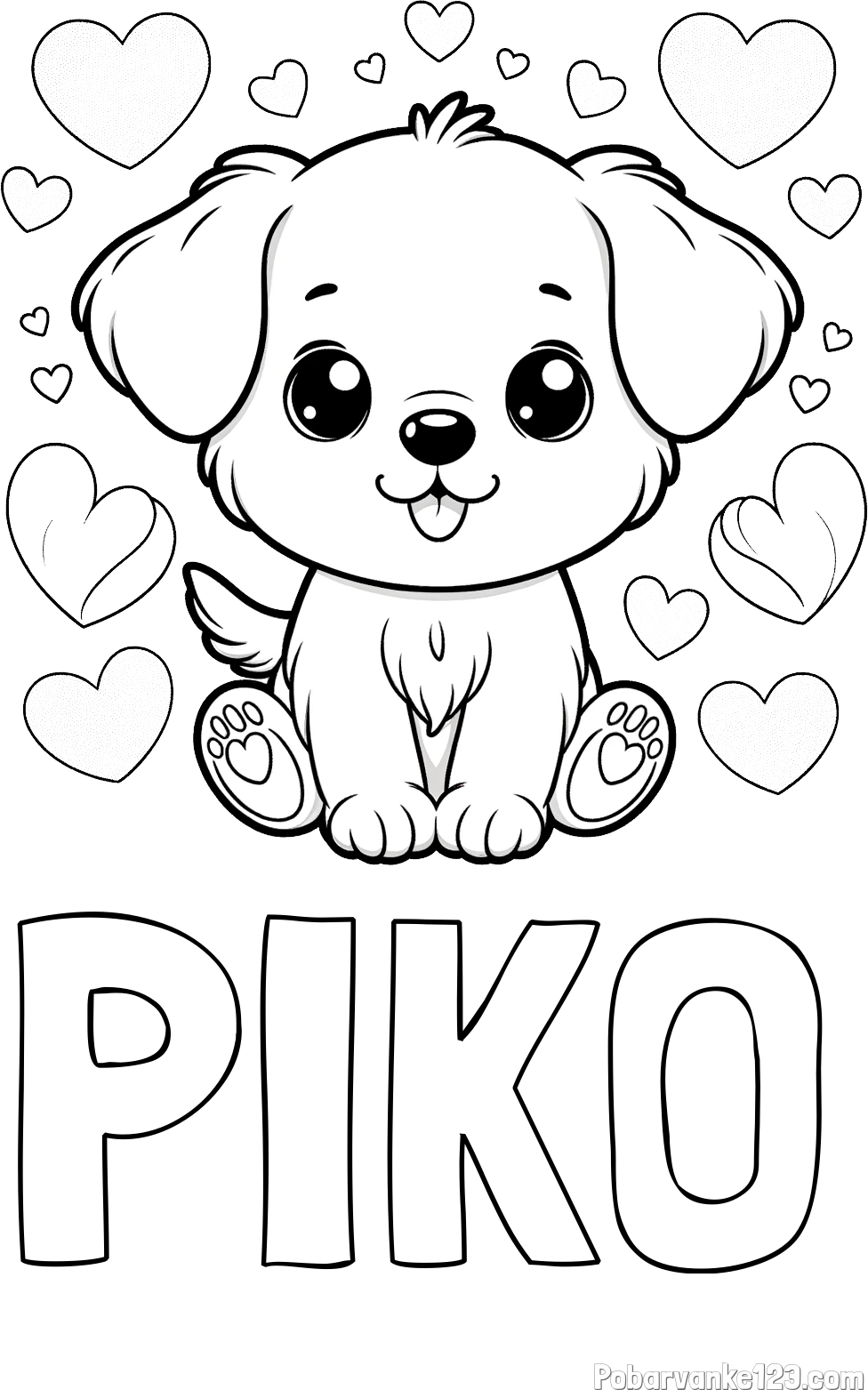 Pobarvanka imena PIKO in pobarvanka ljubkega kužka obdanega s srčki