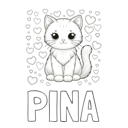 Pobarvanka imena PINA in pobarvanka ljubke mucke obdane s srčki