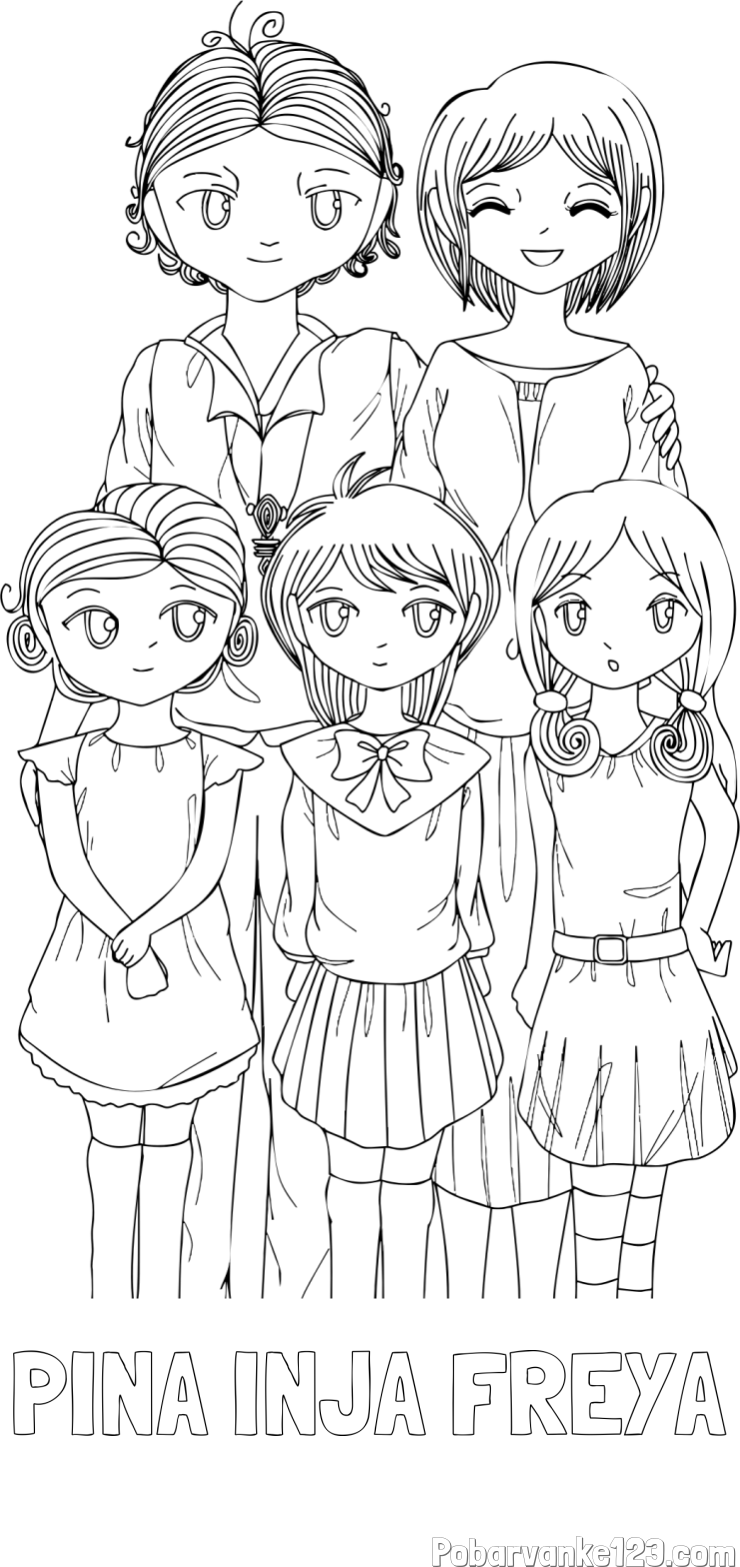 Pobarvanka imena PINA INJA FREYA in anime risani junaki