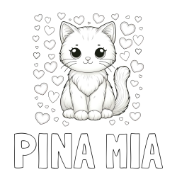 Online izdelana pobarvanka - Pobarvanka imena PINA MIA in pobarvanka ljubke mucke obdane s srčki