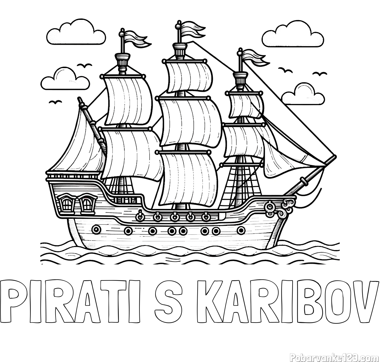 Pobarvanka imena PIRATI S KARIBOV in pobarvanka stare gusarske ladje