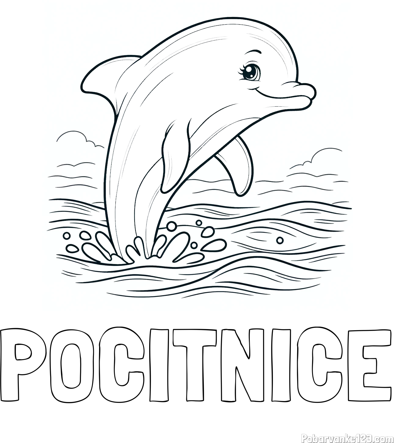 Pobarvanka imena POČITNICE in pobarvanka nasmejanega delfina v  skoku