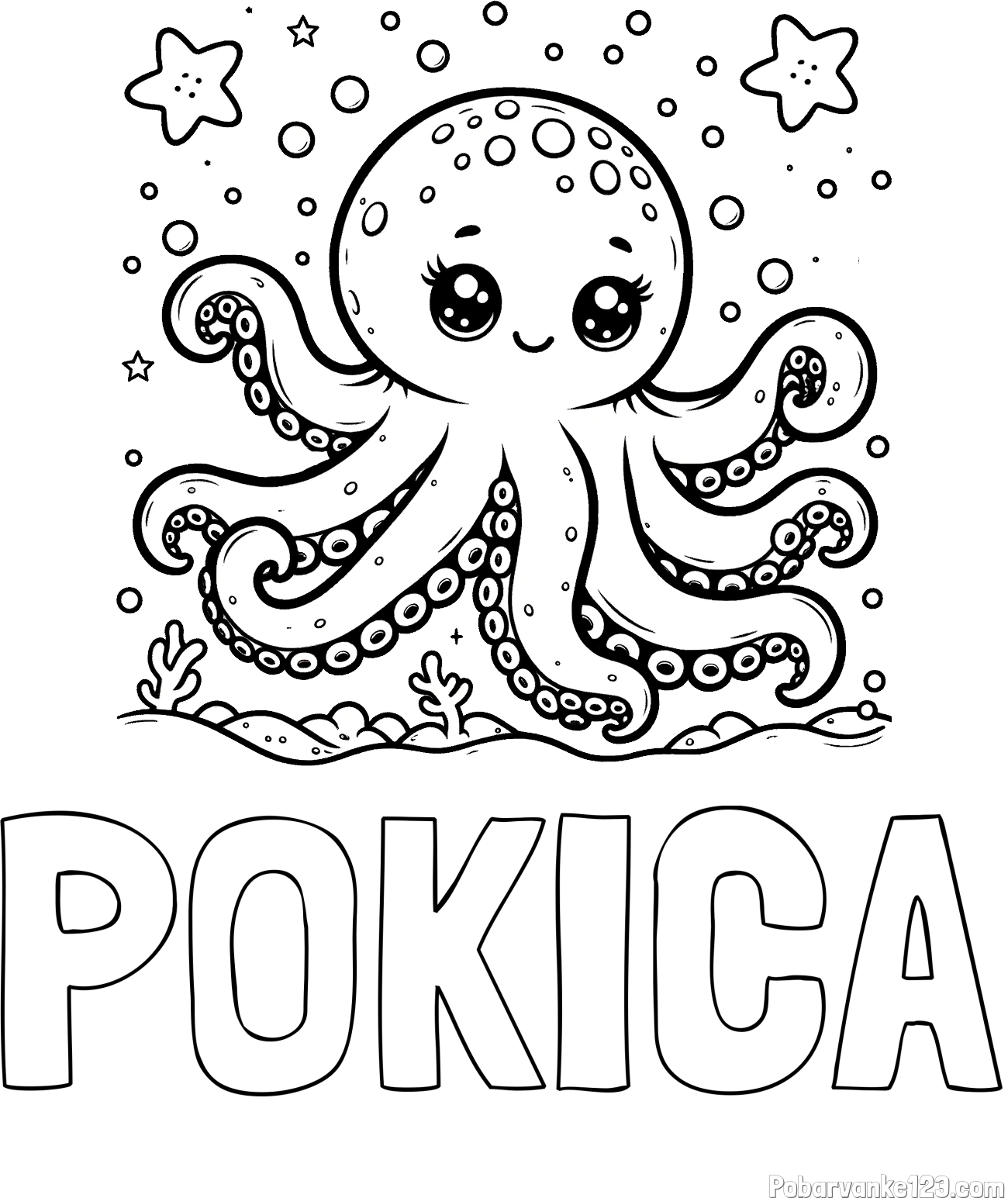 Pobarvanka imena POKICA in pobarvanka hobotnice v morju obdane z morskimi zvezdami