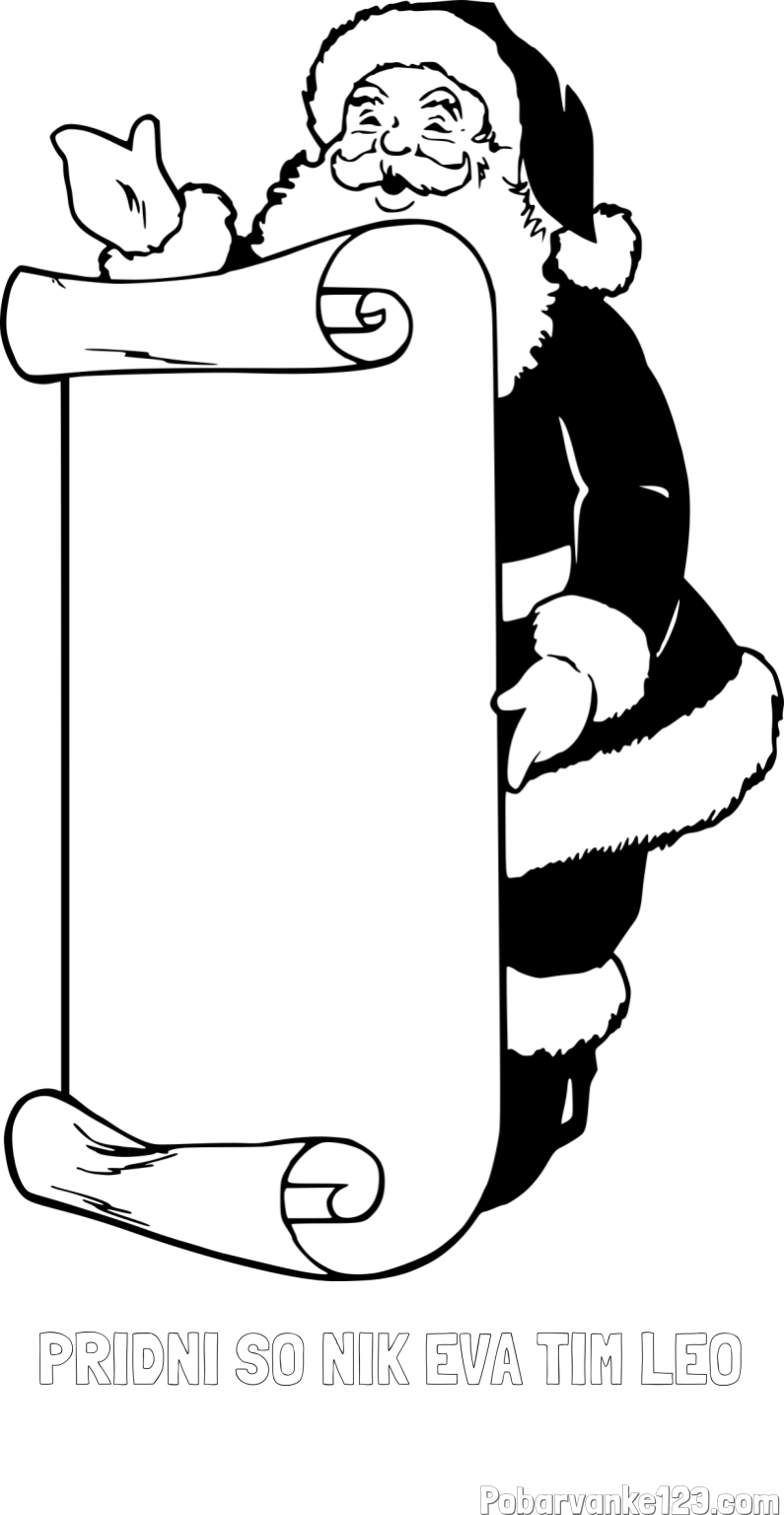 Pobarvanka imena PRIDNI SO NIK EVA TIM LEO in pobarvanka Božička s seznamom želja