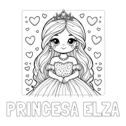Online izdelana pobarvanka - Pobarvanka imena PRINCESA ELZA in pobarvanka ljubke princese obdane s srčki