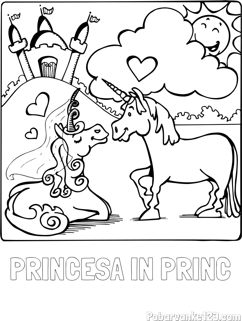 Pobarvanka imena PRINCESA IN PRINC in pobarvanka zaljubljenih samorogov