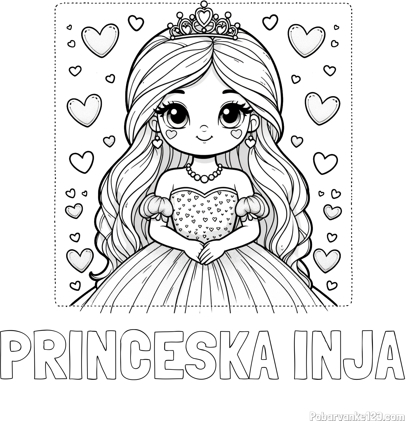 Pobarvanka imena PRINCESKA INJA in pobarvanka ljubke princese obdane s srčki
