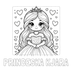 Online izdelana pobarvanka - Pobarvanka imena PRINCESKA KJARA in pobarvanka ljubke princese obdane s srčki