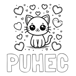 Online izdelana pobarvanka - Pobarvanka imena PUHEC in pobarvanka ljubke mucke obdane z veliko srčki