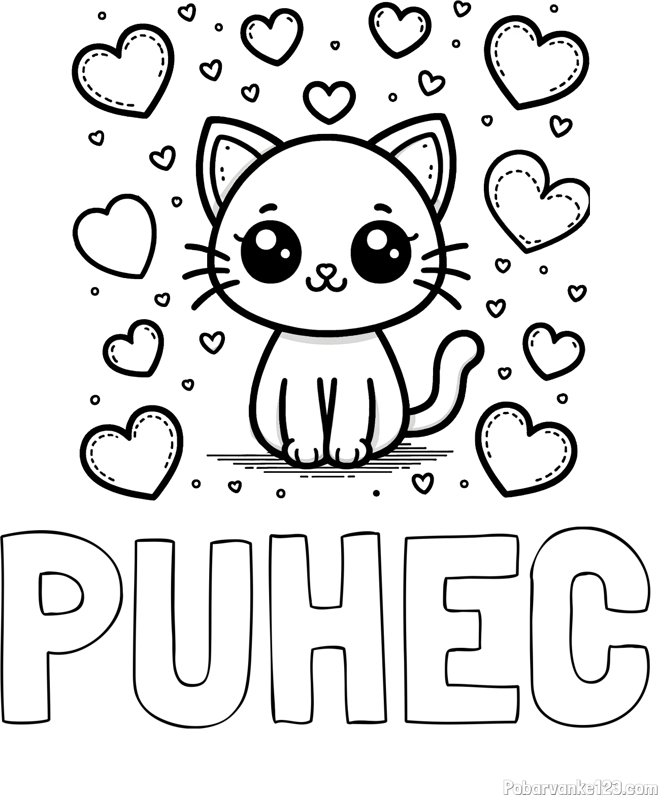 Pobarvanka imena PUHEC in pobarvanka ljubke mucke obdane z veliko srčki