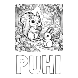 Online izdelana pobarvanka - Pobarvanka imena PUHI in pobarvanka veveričke in zajčka v gozdu