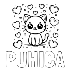 Online izdelana pobarvanka - Pobarvanka imena PUHICA in pobarvanka ljubke mucke obdane z veliko srčki