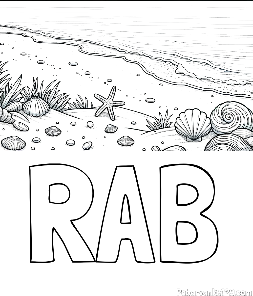 Pobarvanka imena RAB in pobarvanka morja in plaže