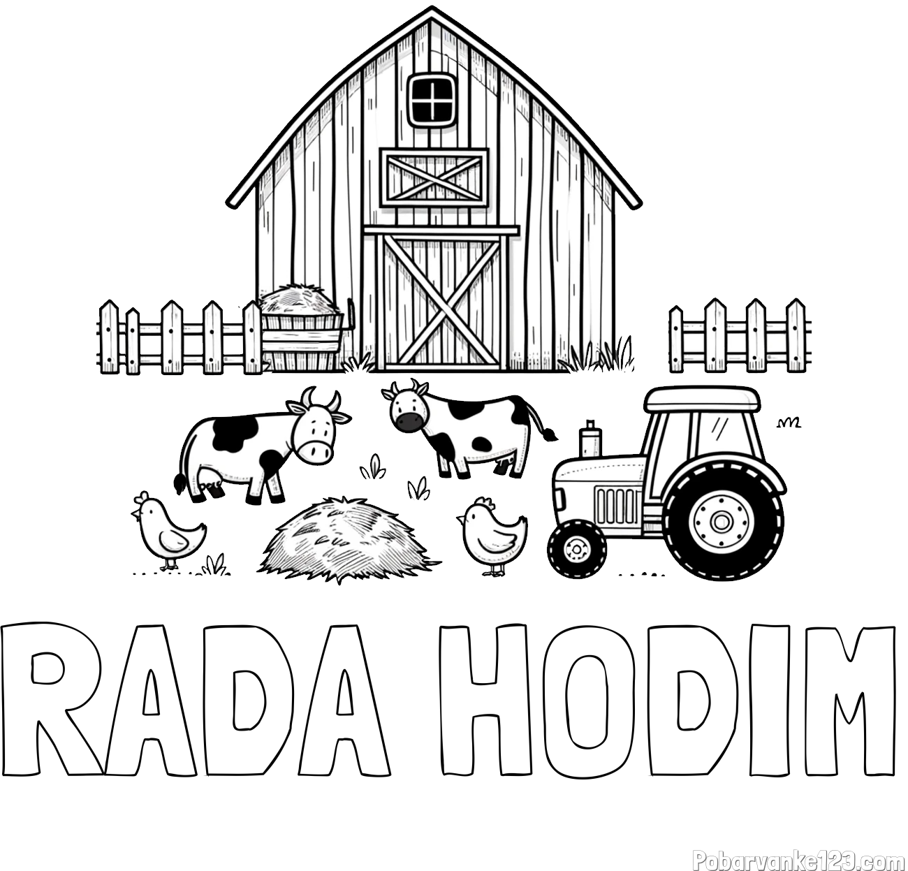 Pobarvanka imena RADA HODIM in otroška pobarvanka velikega senika, krav in traktorja