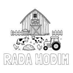 Online izdelana pobarvanka - Pobarvanka imena RADA HODIM in otroška pobarvanka velikega senika, krav in traktorja