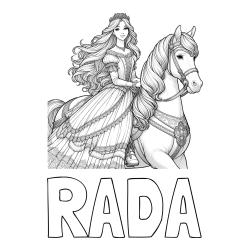Online izdelana pobarvanka - Pobarvanka imena RADA in pobarvanka nasmejana princese na konju