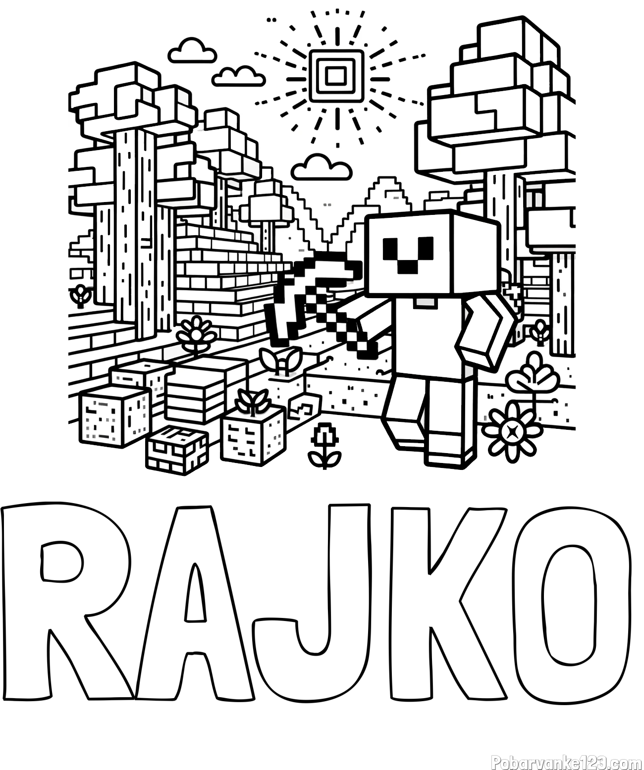 Pobarvanka imena RAJKO in pobarvanka Minecraft sveta
