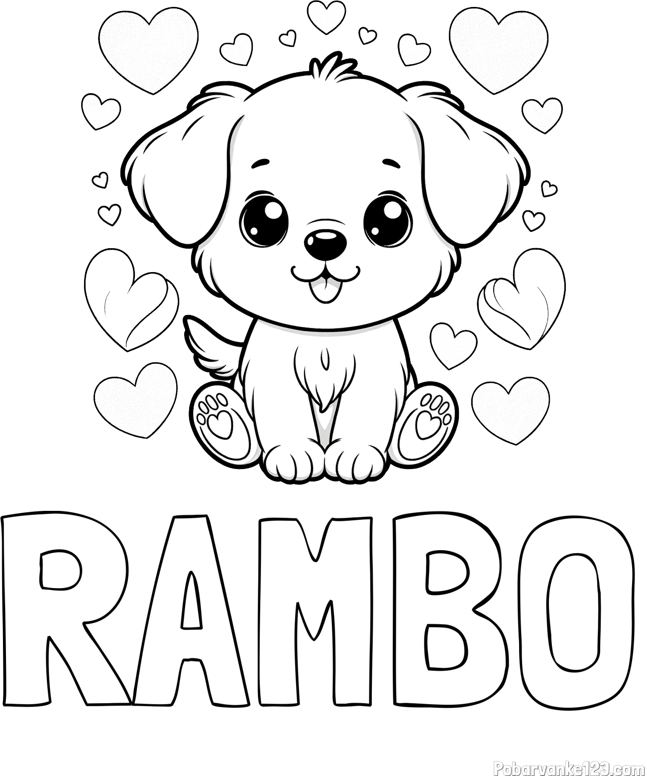 Pobarvanka imena RAMBO in pobarvanka ljubkega kužka obdanega s srčki