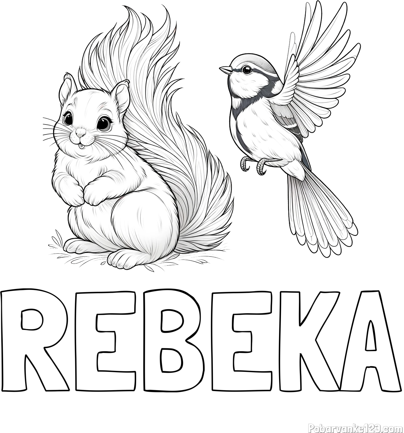 Pobarvanka imena REBEKA in pobarvanka veverice in ptičke