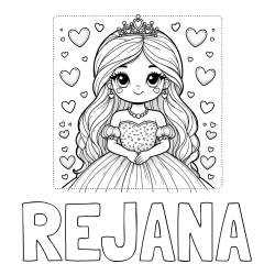 Online izdelana pobarvanka - Pobarvanka imena REJANA in pobarvanka ljubke princese obdane s srčki