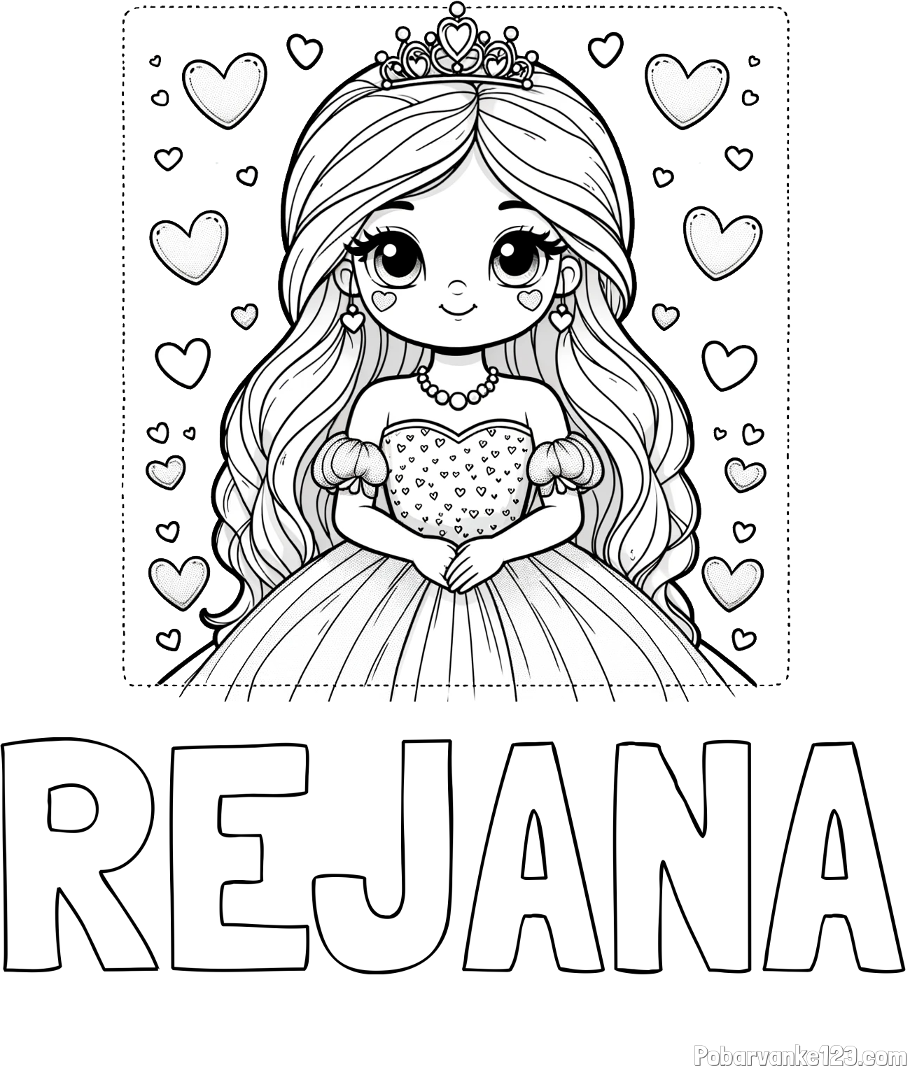 Pobarvanka imena REJANA in pobarvanka ljubke princese obdane s srčki