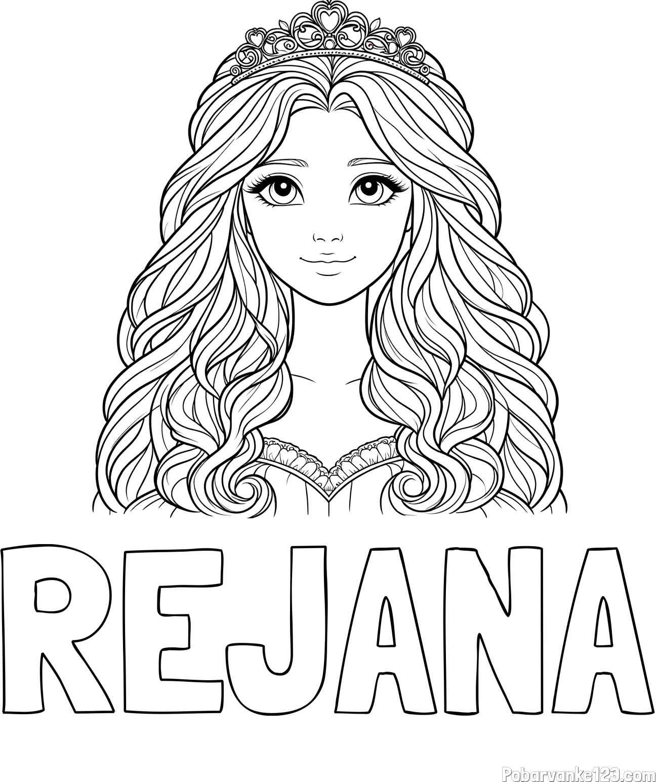 Pobarvanka imena REJANA in pobarvanka ljubke princese z bujnimi lasmi