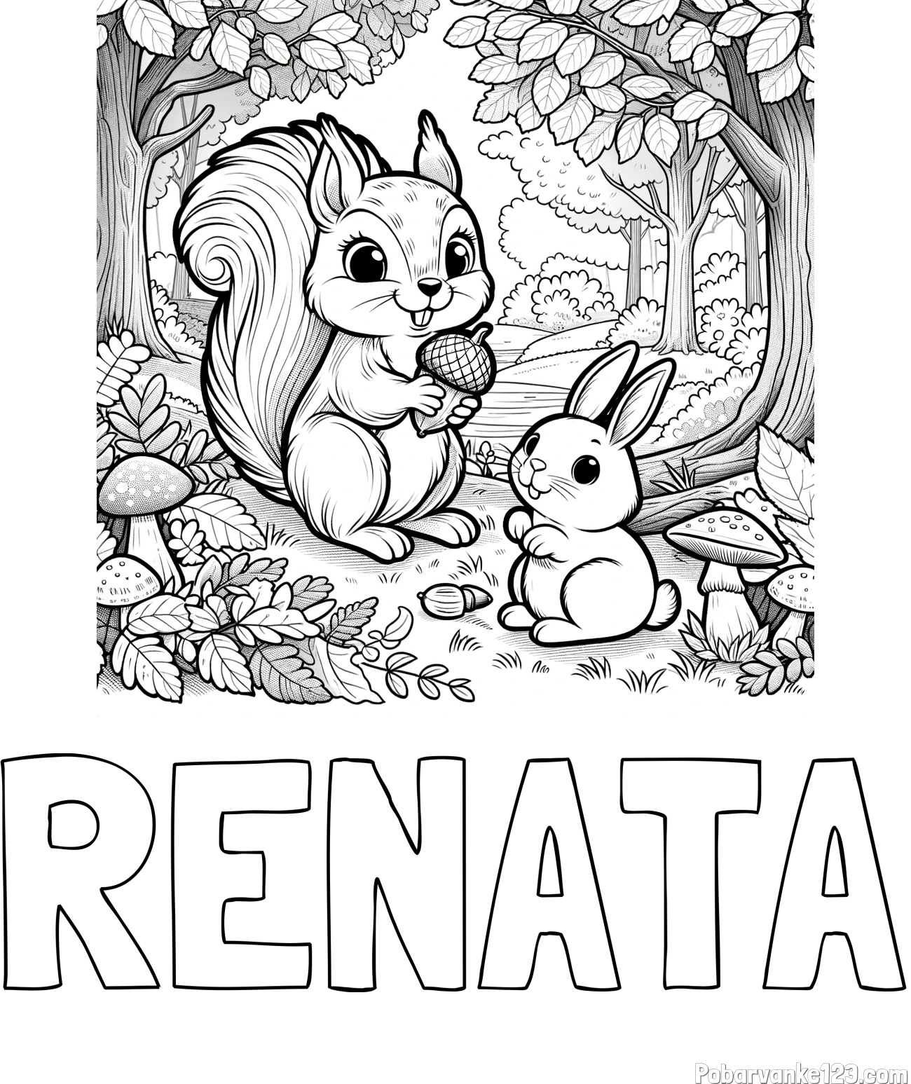 Pobarvanka imena RENATA in pobarvanka veveričke in zajčka v gozdu