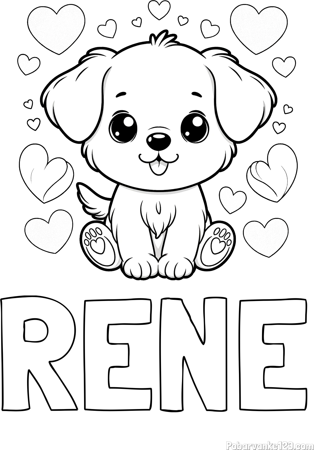Pobarvanka imena RENE in pobarvanka ljubkega kužka obdanega s srčki