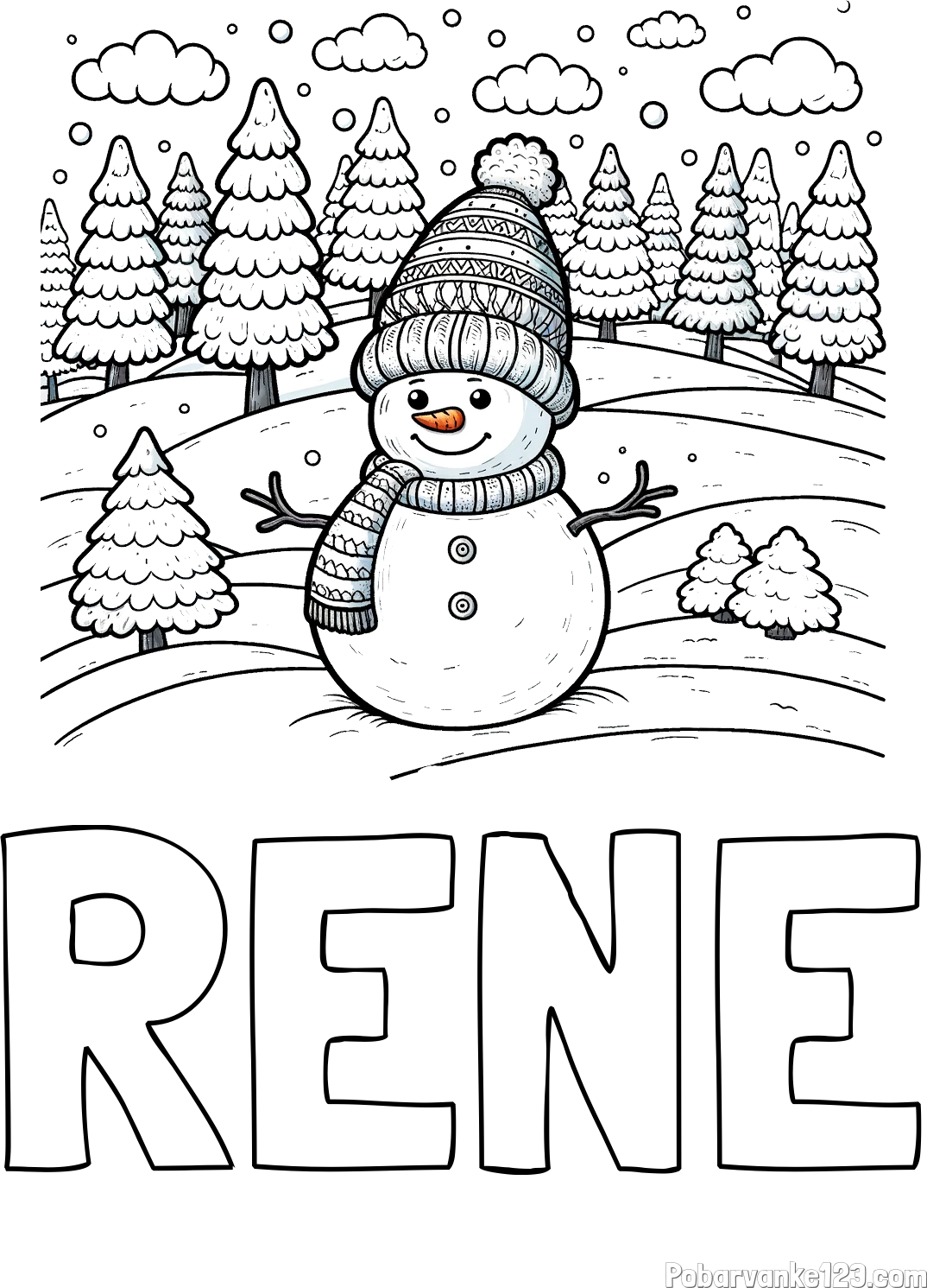 Pobarvanka imena RENE in pobarvanka snežaka v naravi obdanega z zasneženimi smrekami