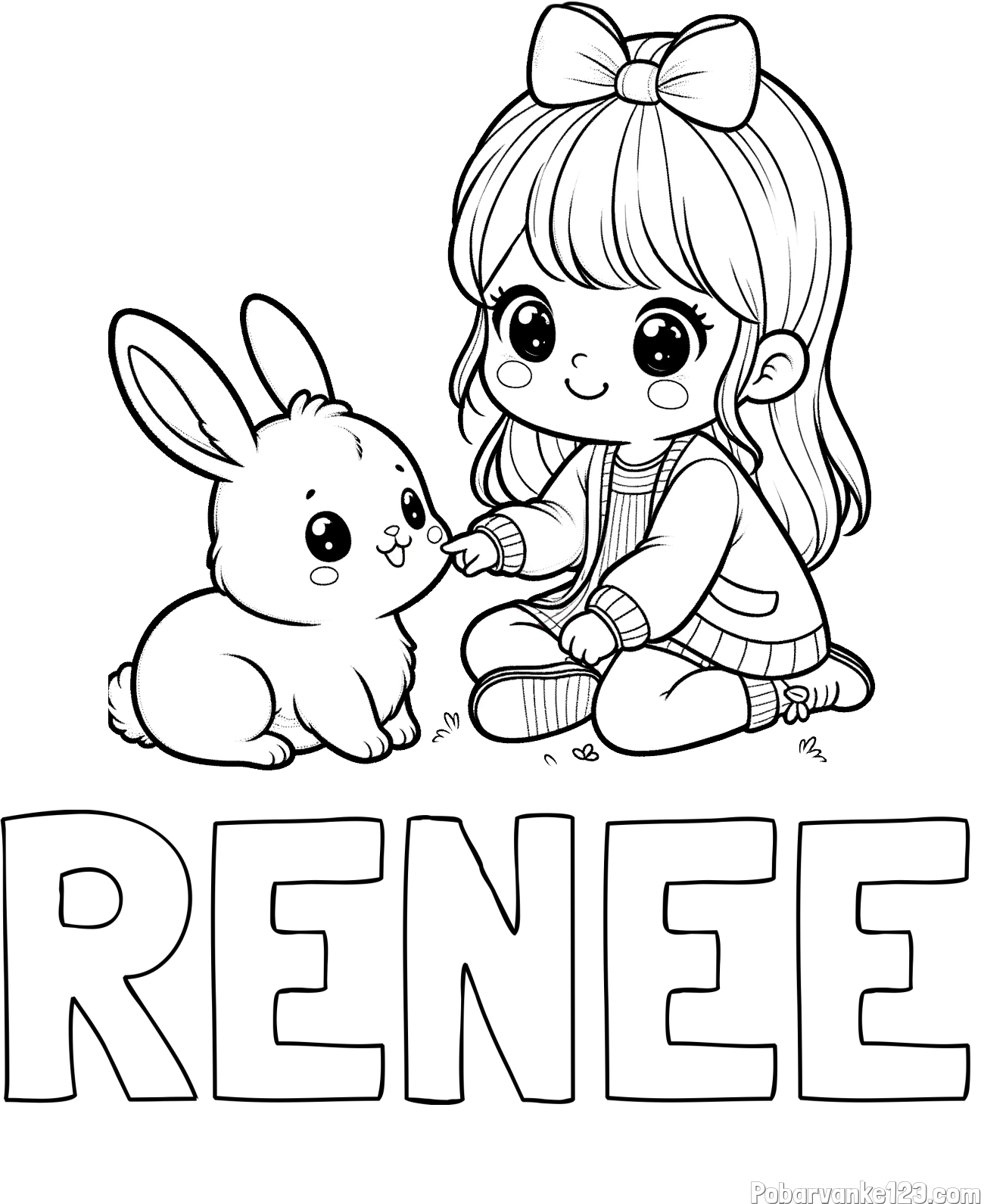 Pobarvanka imena RENEE in pobarvanka ljubke punčke, ki se igra z zajčkom