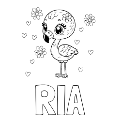 Online izdelana pobarvanka - Pobarvanka imena RIA in pobarvanka mladička flaminga z rožicami in srčki