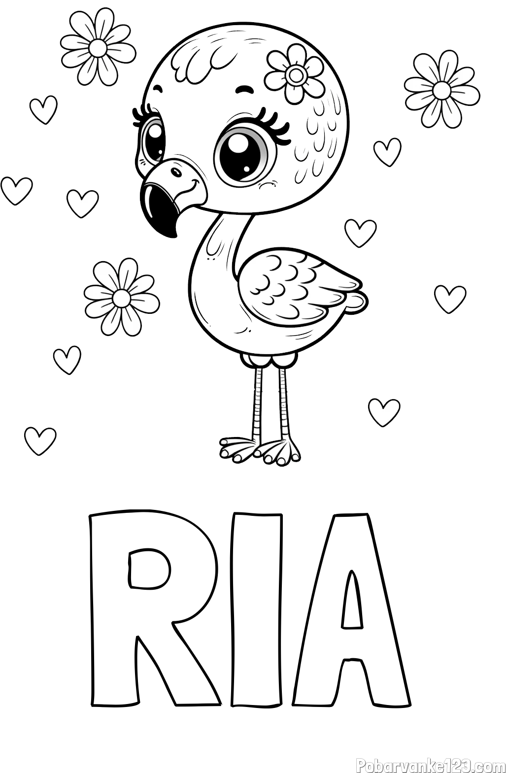 Pobarvanka imena RIA in pobarvanka mladička flaminga z rožicami in srčki