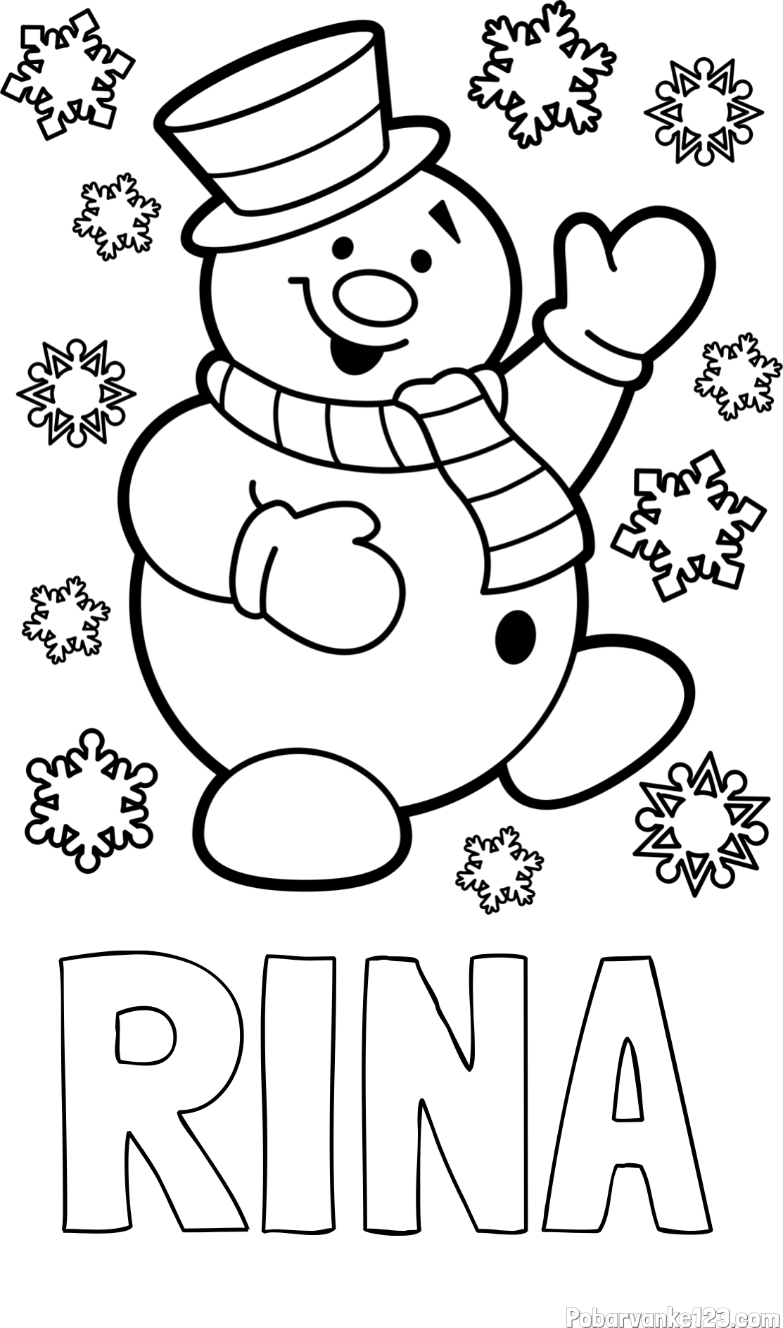 Pobarvanka imena RINA in pobarvanka veselega snežaka