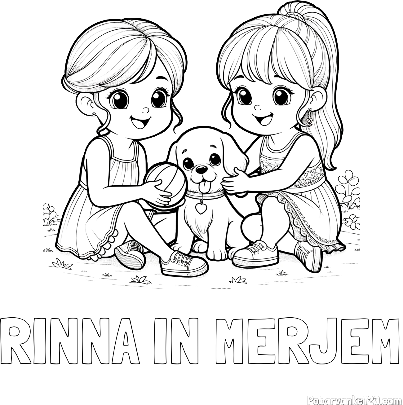 Pobarvanka imena RINNA IN MERJEM in pobarvanka prijateljic s kužkom