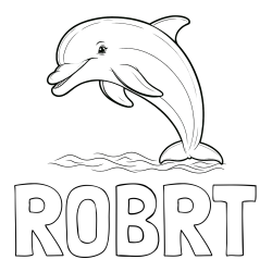 Online izdelana pobarvanka - Pobarvanka imena ROBRT in otroška pobarvanka nasmejanega delfina v skoku