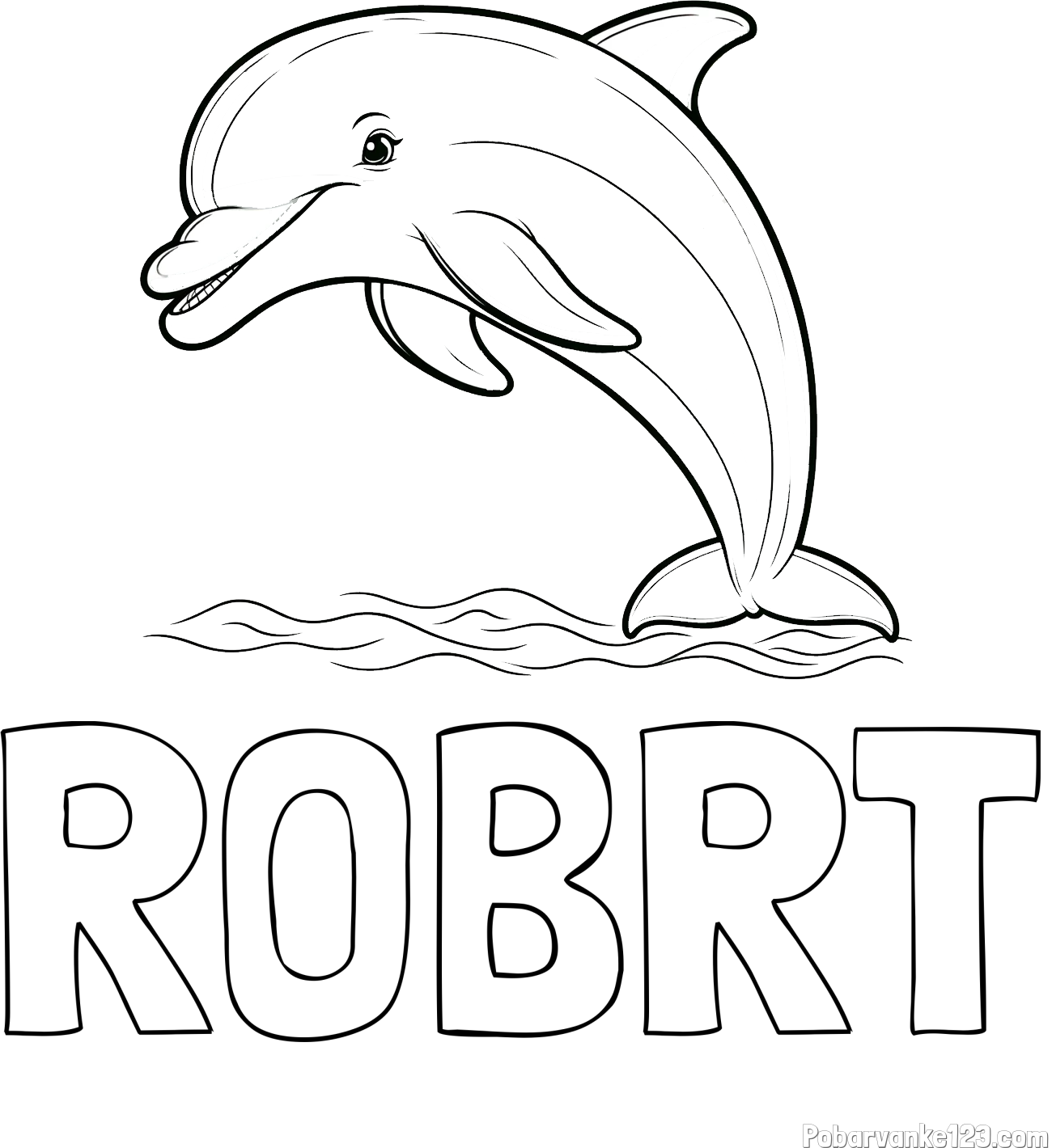 Pobarvanka imena ROBRT in otroška pobarvanka nasmejanega delfina v skoku