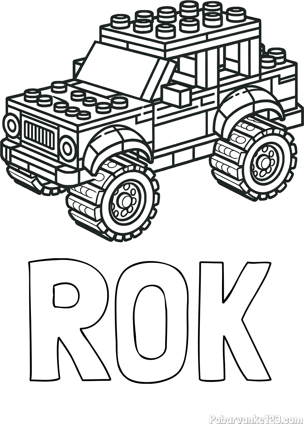 Pobarvanka imena ROK in pobarvanka džipa sestavljenega iz LEGO kock
