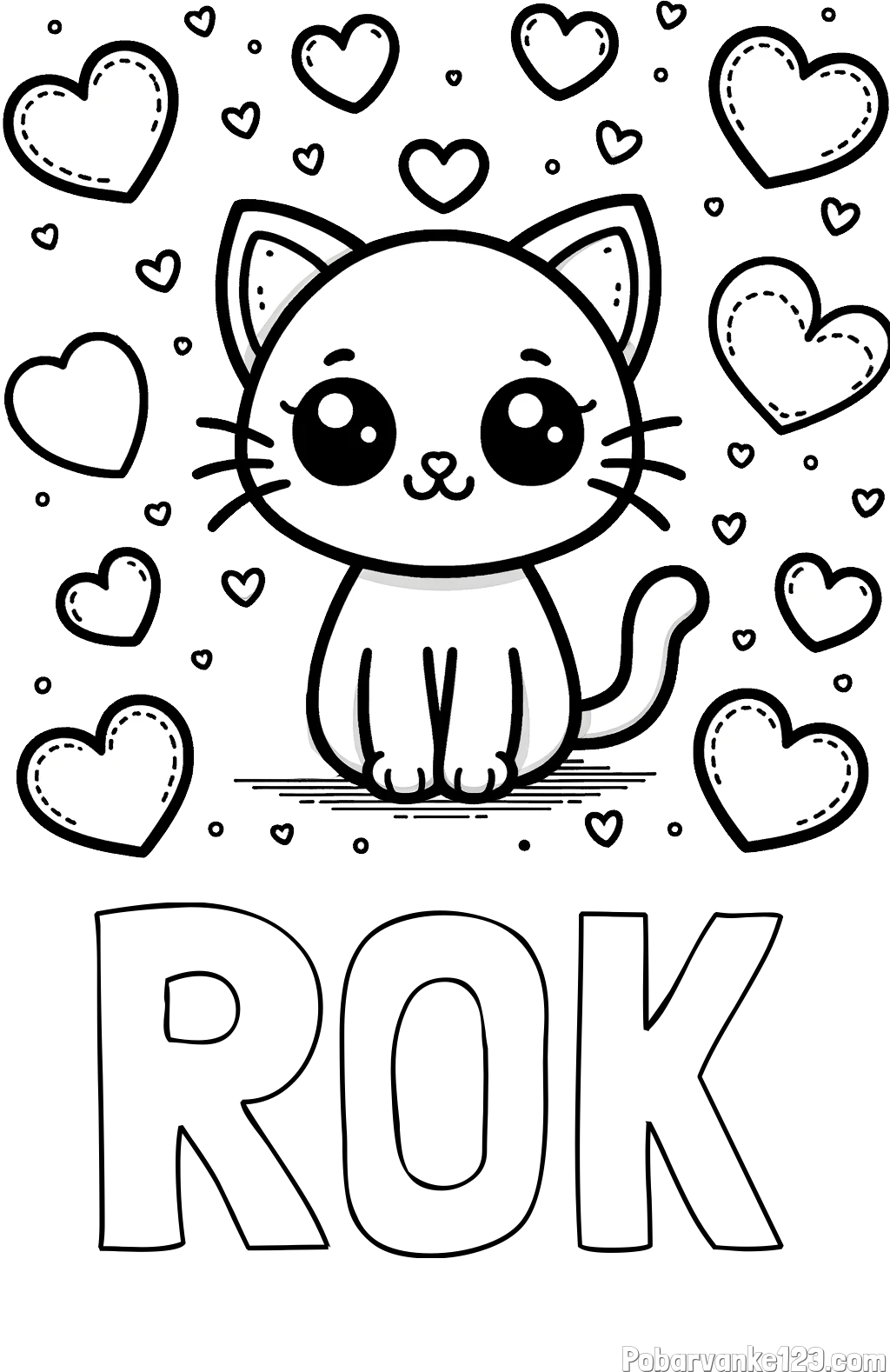 Pobarvanka imena ROK in pobarvanka ljubke mucke obdane z veliko srčki