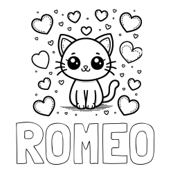 Online izdelana pobarvanka - Pobarvanka imena ROMEO in pobarvanka ljubke mucke obdane z veliko srčki