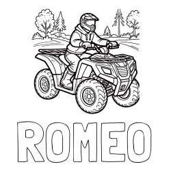 Online izdelana pobarvanka - Pobarvanka imena ROMEO in pobarvanka motorista na štirikolesniku