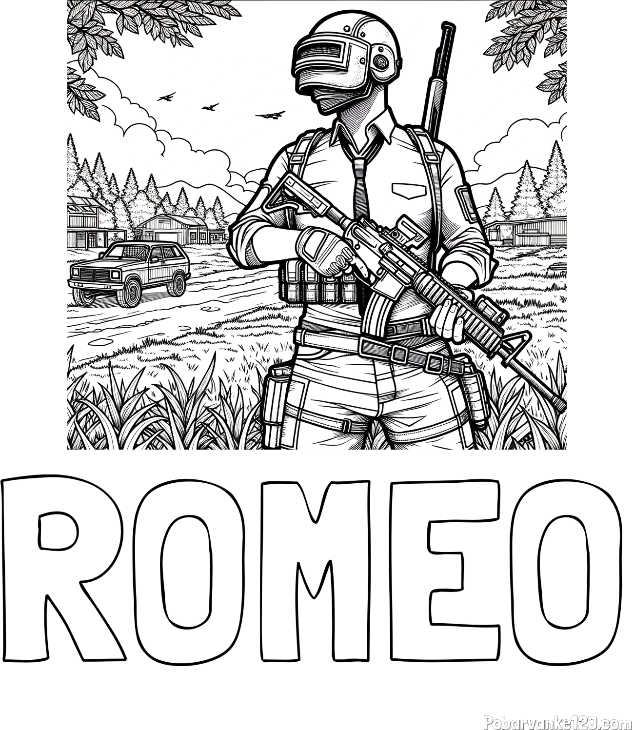 Pobarvanka imena ROMEO in PUB pobarvanka bojišča ter osrednjega lika