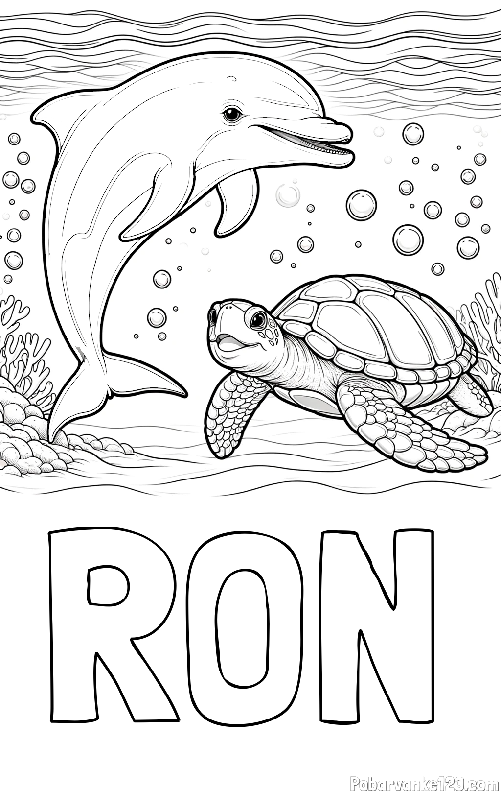 Pobarvanka imena RON in pobarvanka ljubkega delfina in njegove prijateljice želve