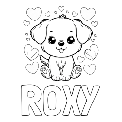 Online izdelana pobarvanka - Pobarvanka imena ROXY in pobarvanka ljubkega kužka obdanega s srčki